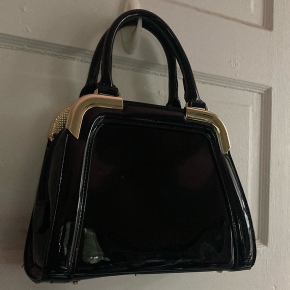 Vintage Black Patent Leather Satchel Bag with Gold Details - Picture 3 of 15